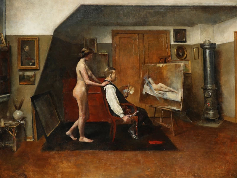 1844-Peter Alfred Schou - Interno di uno studio con l'artista e la sua modella, 1909
